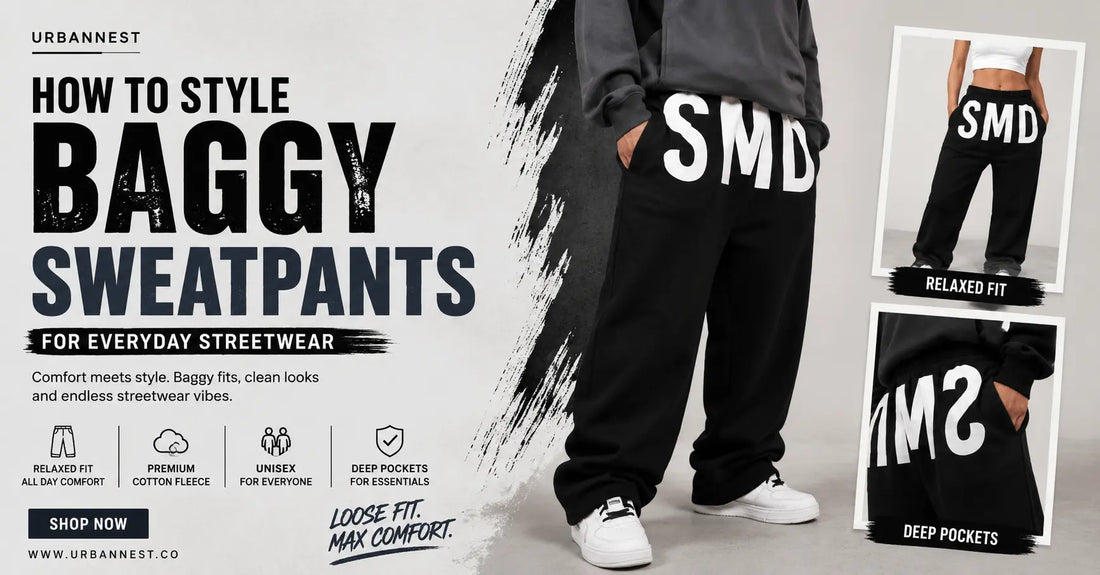 UrbanNest baggy SMD sweatpants for men and women featuring oversized streetwear style, relaxed fit, premium cotton fleece fabric, and deep pockets in black color.