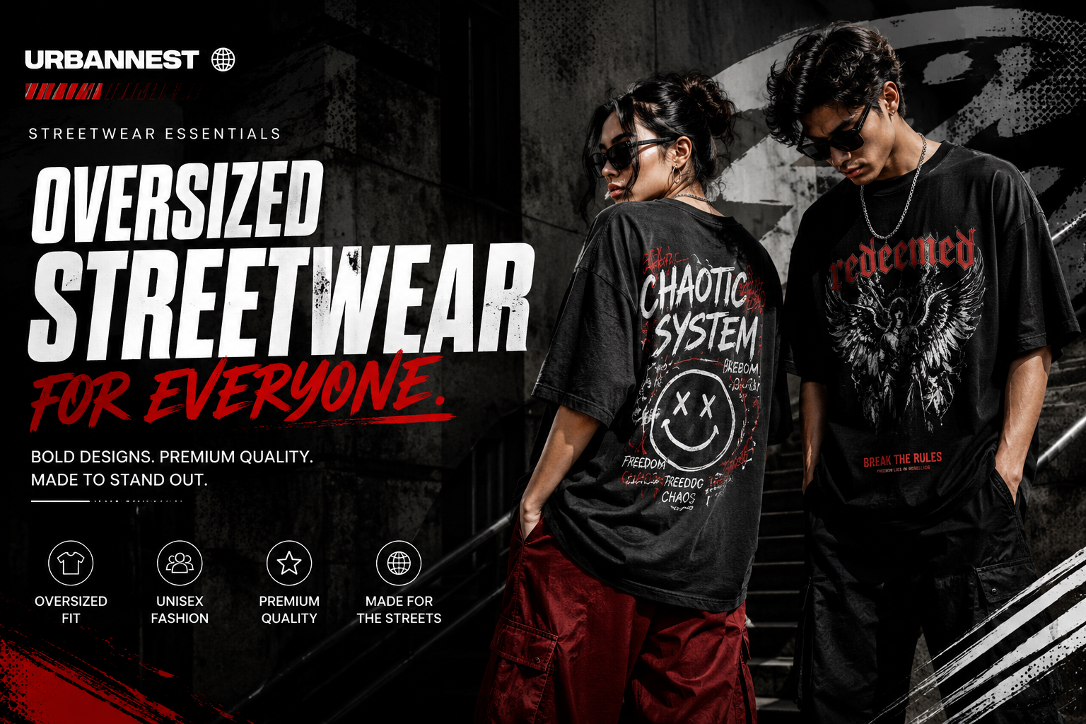 UrbanNest oversized streetwear t-shirts for men and women featuring bold graphic prints and relaxed unisex fashion style.
