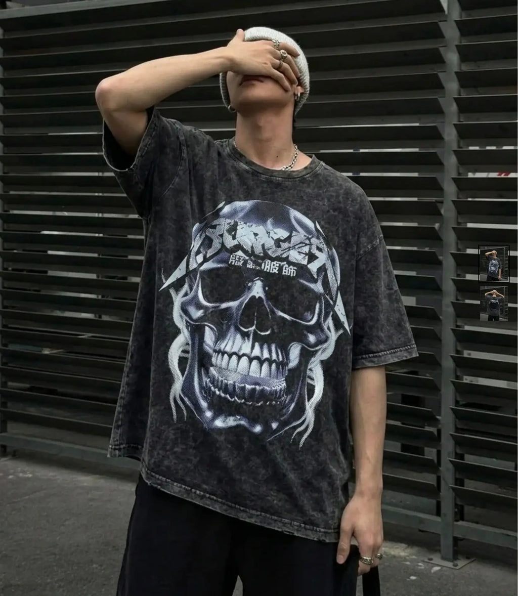 SKULL SURGE ACID WASH DROP SLEEVED TEE FOR MEN & WOMEN UrbanNest